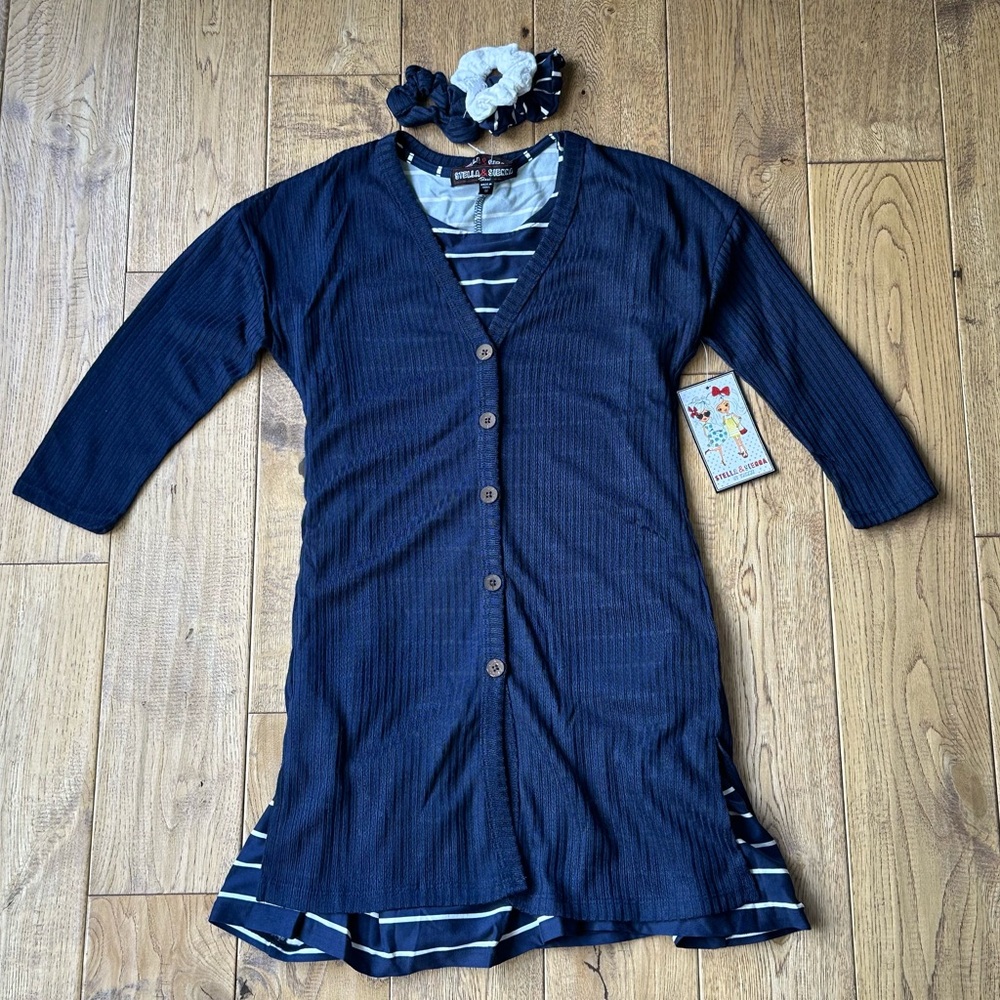 NEW Stella & Sienna Ribbed Cardigan Striped Dress and Scrunchie Set size Medium